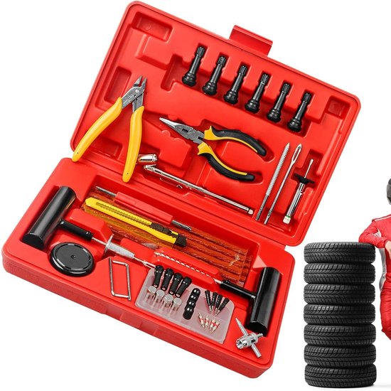 Banden Reparatie Set - Autobanden Hulpmiddel - Onderweg Repareren - 74 Delige Kit - Compact Formaat - Rood