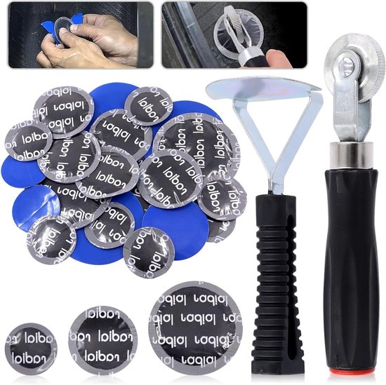 Banden Reparatie Set - Lekke Band Gereedschap - Bandensnel Herstellen - Complete Set Met Roller - 25 Stuks - Zilver Zwart van Merkloos