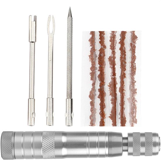 Banden reparatieset - Lekke band oplossing - Onderweg repareren - Compact en draagbaar - 11 cm lengte - Zilver