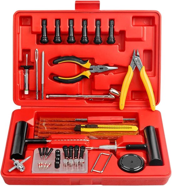 Banden reparatieset - Lekke banden kit - Auto onderhoud - 74-delige set - 31 cm - Rood van Merkloos