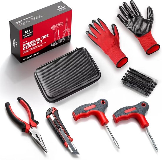 Bandenreparatieset - Bandenset - Snel Banden Herstellen - Inclusief Koffer - 7x14x21 cm - Oplichtend rood van Merkloos