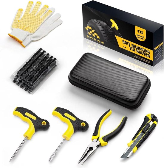 Bandenreparatieset - Noodreparatie Kit - Onderweg Herstellen - 27-delige Complete Set - 20 Koorden - Zwart