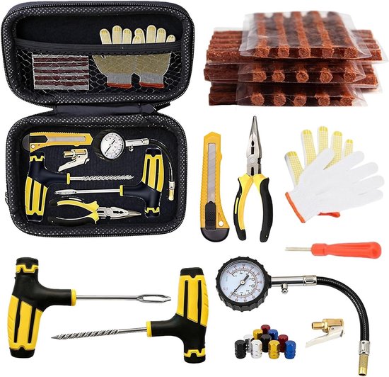 Bandenreparatieset - Reparatieset banden - Noodreparatie onderweg - Inclusief manometer - 15-delige set - null