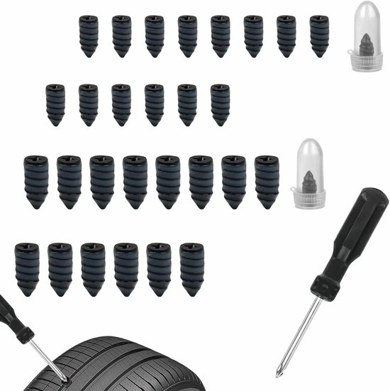 Bandenreparatieset - Rubberen bandnagels - Band Schade Herstellen - Inclusief Schroevendraaier - 30 Stuks - Zwart