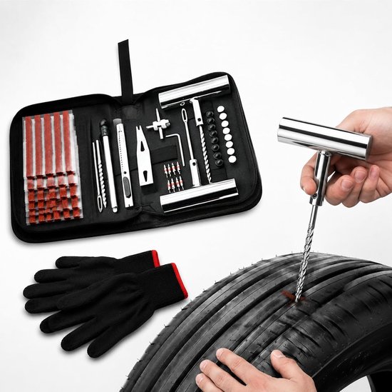 Bandenreparatieset - Universele reparatiekit - Noodreparaties onderweg - 62-delige complete set - Compacte draagtas - Zilverkleurig