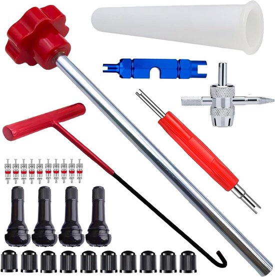 Bandenventiel Reparatie Kit - Ventielstang Gereedschap - Onderhoud Voertuigen - Complete Set - 30 Stuks - Rood
