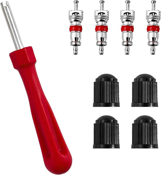 Bandenventiel Reparatiekit - Ventielgereedschap Set - Onderhoud Voertuigen - Hoge Drukweerstand - 9 Delig - Rood