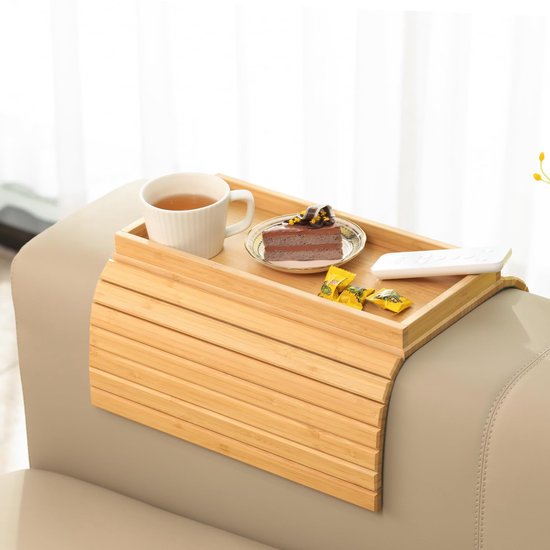 Bank armleuning bak tafel - Flexibele opvouwbare antislip bank tafel - Bank plank tafel, snack en drank rek - Opvouwbare diverse opslag bak - Bamboo van Merkloos