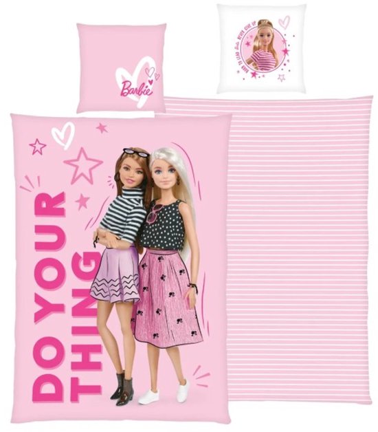 barbie dubbelzijdig dekbedovertrek - 1 persoons - 140x200cm - met kussensloop - barbie - roze - 100% katoen van Merkloos