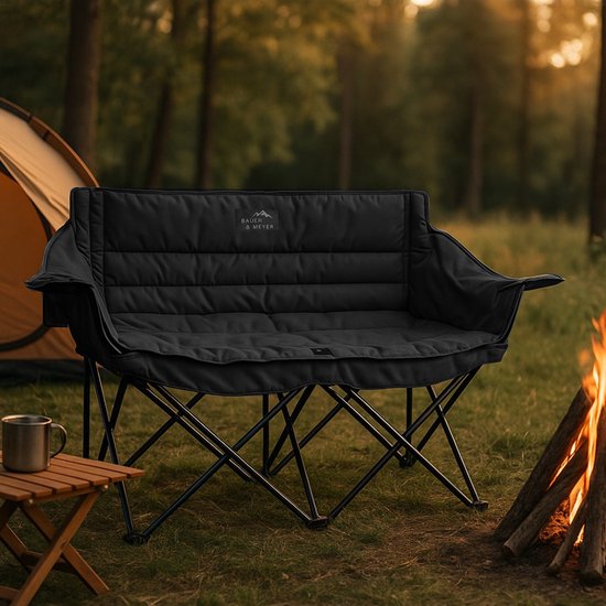 BAUER & MEYER® Campingstoel XL - Kampeerstoel - Opvouwbaar - Visstoel Inklapbaar - 2 Personen - Max. 300 kg - Vouwstoel - Incl. Draagtas - C600 Zwart