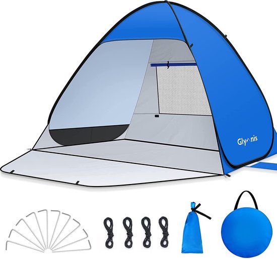 Beach Shelter Pop-up strandtent Strandtent met ritssluiting UV-bescherming 50+ windbescherming Kleine pakmaat Blauwe strandtent van Merkloos