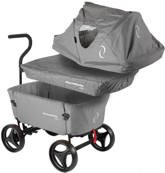 Beach Wagon Bolderkar Opvouwbaar LITE Combideal - 80KG - Lichtgrijs - Bolderwagen met Dak, Matras en Kuipafdekhoes - Wasbare Stof - Handkar - Strandwagen voor Kinderen en Huisdieren van Merkloos