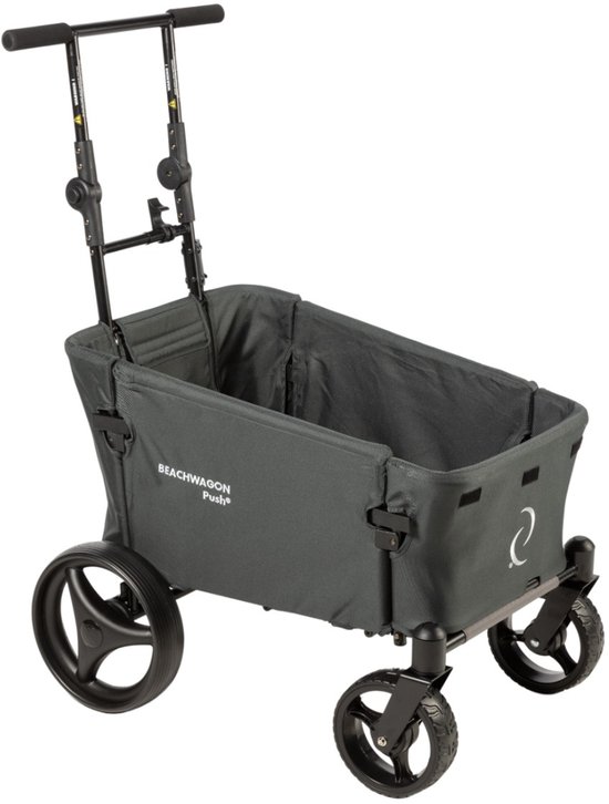 Beach Wagon Bolderkar Opvouwbaar PUSH Combideal - 40KG - Donkergrijs - Duwstang Bolderwagen met Console Tas en Dwarsstangtas - Handkar - Strandwagen - Soepel Sturende Wielen - Wasbare Stof van Merkloos