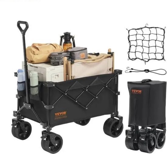 Bealive Opvouwbare wagenkar - Bolder kar - Trolley - Inklapbaar - Verstelbare hendel - Parkeer remmen - 4 wielen 360 graden draaien - Zwart - 75.5 x 49.5 x 88.5 cm - Handig voor kamperen, strand of tuinieren van Bealive®