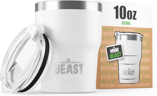 Beast Tumbler - 300 ml (10 oz), wit - Herbruikbare roestvrijstalen vacuüm geïsoleerde beker - Dubbelwandige reisfles perfect voor warme of ijskoffie - BPA-vrij