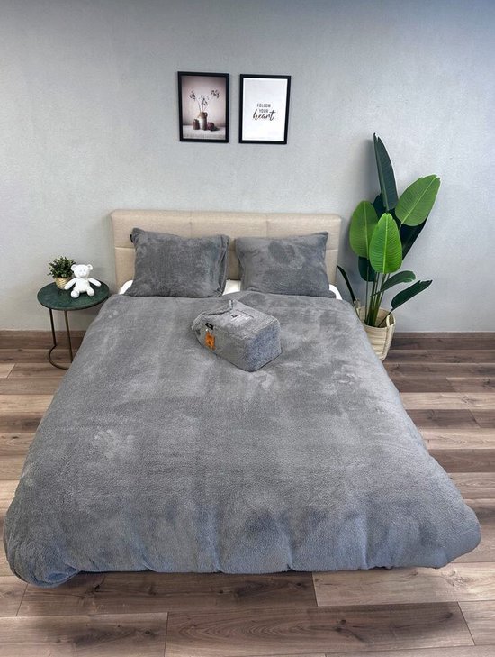 Beau Maison Teddy Fleece dekbedovertrek Grey 200x200/220 cm van Merkloos