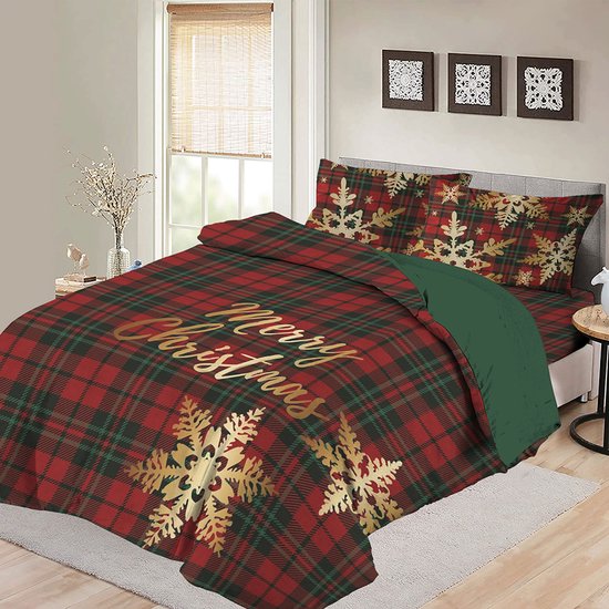 Bed Glow & Apparel Merry Christmas Dekbedovertrek 200x200 - Rood Groen Tartan - Inclusief 2 Kussenslopen 60x70 van Merkloos