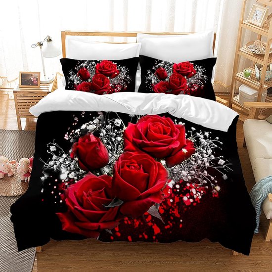 Beddengoed voor meisjes, roze, kleurrijke bloemen, rode roos bedrukt beddengoed, troosterset, 3D romantische bloem, dekbedovertrek, microvezel dekbedovertrek met ritssluiting (Rozen, 200 x 200 van Feelyou