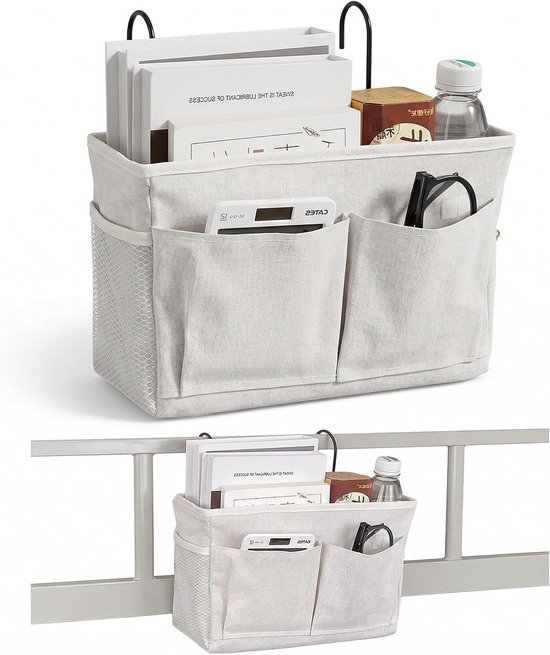 Bedorganiser voor aan het bed, 5-vaks opbergzak 30 x 18 cm, katoen linnen, ideaal voor babybed, campingstoelen en reizen, duurzame hangoplossing