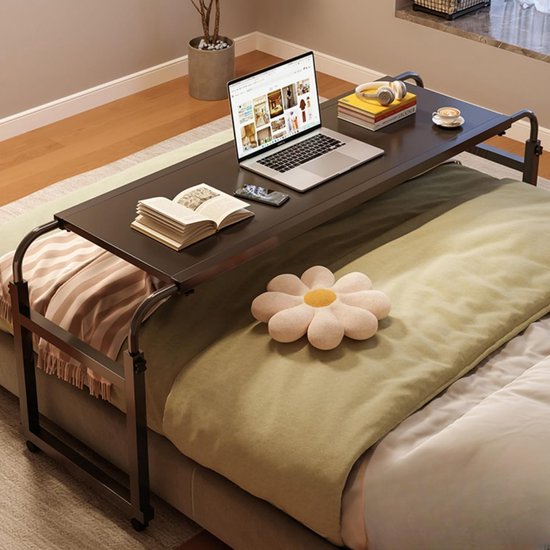 Bedtafel met Wielen - Overbed Tafel - Eten en Werken - Verstelbare Hoogte Breedte - 119x65cm - Zwart