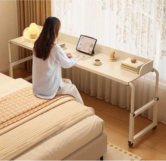 Bedtafel Op Wielen - Laptoptafel Werkplek - Thuiswerken Eten - Verstelbare Hoogte Breedte - 45x65-95cm - Wit