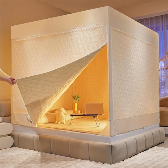 Bedtent 2025 Nieuw Winter Verdikt Warm Ademend Afneembaar Privacy Bedtent Luifel Lichtreductie Slapen Droomtenten Binnen Draagbaar Grote ruimte met 3 deuren(Beige,150x200cm/Full)