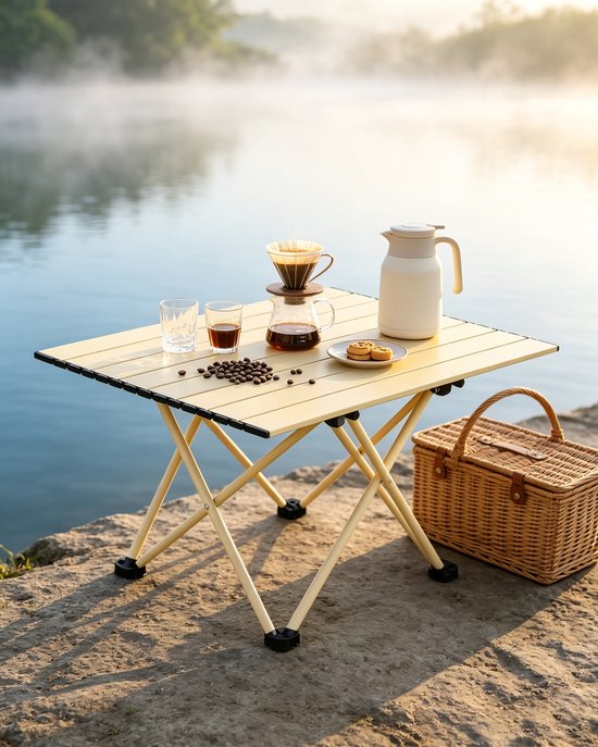 Beige opklapbare buitentafel compact model 68*48*41cm stevig frame geschikt voor tuinen campings en terrassen