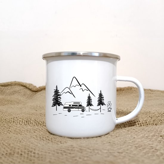 Beker - campingbeker - Oldtimer zwart wit - duurzaam - emaille beker – CamperHomie van CamperHomie