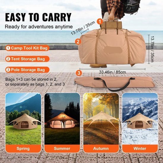 Bell Tent - Canvas - Tipi Tent - Pop up Tent - Festival Tent - 4M - Waterdichte Katoenen Tenthut met Kacheldoorvoer - Tenten - Kampeertent - Opvouwbaare - Yurt Tent voor 5-7 Personen – Ademend – Outdoor Camping – Glamping – Jachttent
