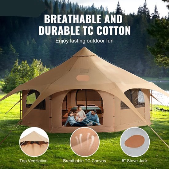 Bell Tent - Canvas - Tipi Tent - Pop up Tent - Festival Tent - 5M - Waterdichte Katoenen Tenthut met Kacheldoorvoer - Tenten - Kampeertent - Opvouwbaare - Grote Tenthut voor 6-8 Personen – Ademend – Outdoor Camping – Glamping – Jachttent van Merkloos