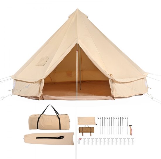 Bell Tent - Yurttent Kampeertent - Afmeting 6 x 3,5 m - 10-Persoons - TC Katoen - PVC Grondzeil - Ijzeren Palen - 12 Ramen van Merkloos