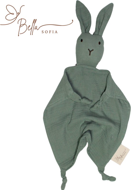 Bella Sofia - Soof het knuffelkonijn – groen knuffeldoekje - biologisch katoen – hydrofiel - knuffeldoekjes – baby cadeau – kraamcadeaus – babyshower cadeau – baby speelgoed – speendoekjes van Bella
