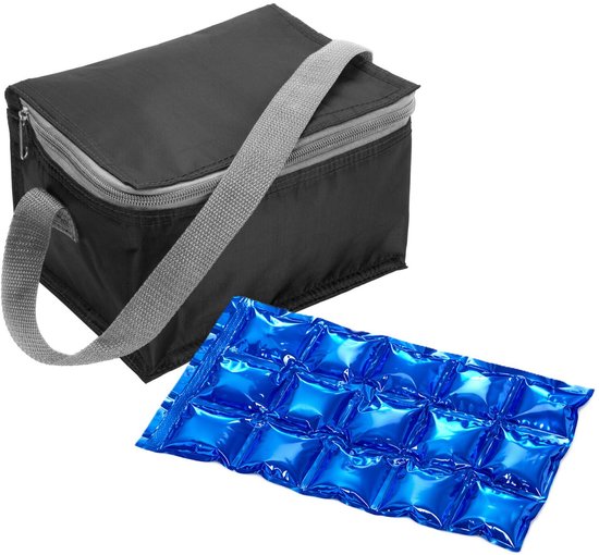 Bellatio Design Lunchtas / koeltas klein - zwart - incl koelelement - blikjes - medicijnen - lunch - 20 x 13 x 13 cm