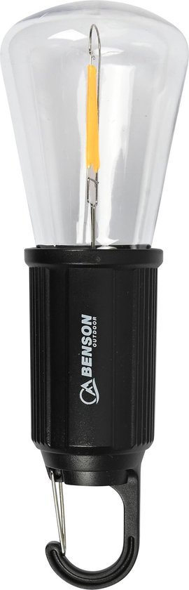 Benson Campinglamp - zwart - kunststof - 5.4 x 17.5 cm - lantaarn - oplaadbaar met karabijnhaak van Benson