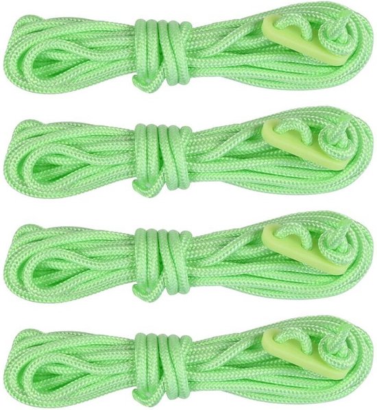 Benson Scheerlijnen/tent haringen touw met gatspanners - set 8x stuks - glow in the dark - 3 meter - voor kamperen - fluor groen