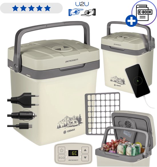 Berdsen IceMax 26L Koelbox – Elektrische Camping Koelbox 26 Liter Crème – Met Eco Modus en Koel- en Warmhoudfunctie – Voor Auto 12V en 230V – Ideaal voor Camping, Roadtrip en Picknick – Draagbaar en Stil Ontwerp – Met Ebook van Merkloos
