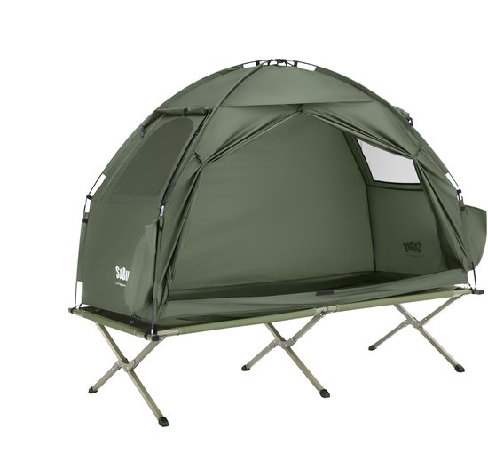 Bergson Kampeertent - Veldbed - 1-Persoons - 3-in-1 - Muggennet - Waterdicht 1500 mm - Tot 114 kg - 193x86 cm - Groen van Merkloos