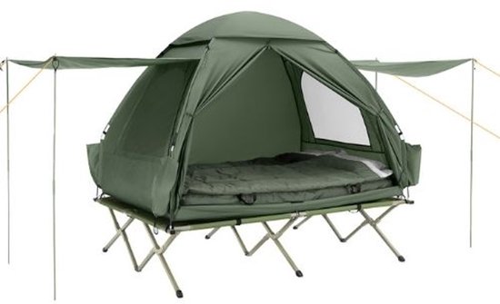 Bergson Veldbed - Pop Up Tent - 4-in-1 Set - 2-Persoons - Luchtbed - Slaapzak - Waterdicht 1000 mm - Tot 300 kg - Groen van Merkloos