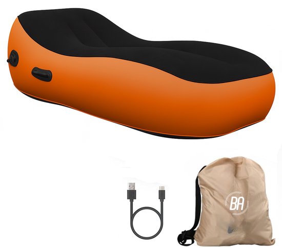Best Active Automatisch Opblaasbare Bank - Draagbaar Camping Ligbed met Elektrische Pomp - 150KG Draagkracht - 172x86x42 cm - Comfortabel Outdoor Relaxbed - Luchtbed met ingebouwde Pomp - Oranje/Zwart van Merkloos