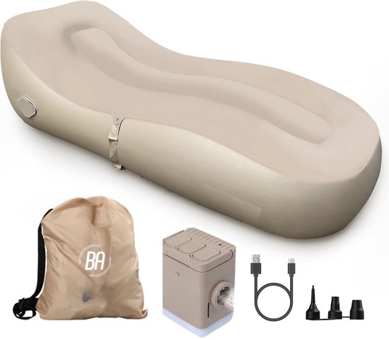 Best Active Automatisch Opblaasbare Bank - Draagbaar Camping Ligbed met Elektrische Pomp - 150KG Draagkracht - 180x75x58 cm - Comfortabel Outdoor Relaxbed - Luchtbed met ingebouwde Pomp - Beige van Merkloos
