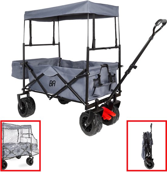 Best Active Bolderkar - Opvouwbare Handkar met Dak - 115 x 63 x 110 cm - Transportkar - 80 kg Draagvermogen - Verstelbare duw- en trekhandgreep - Inclusief Transparante Regenhoes met Ritssluitingen - Afneembaar Dak - Zwart/Grijs van Merkloos