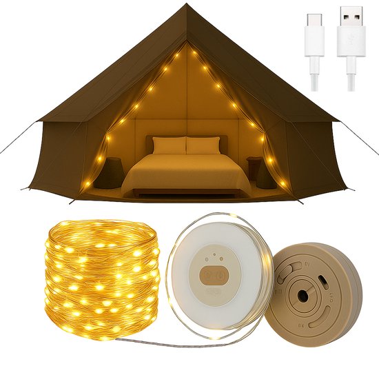 Best Active Camping Lichtsnoer - 10 Meter - IPX4 Waterdicht - Oprolbaar - Oplaadbaar - Warm Wit Licht | Verlichting Buiten Slinger - Lampjes - Kampeerlamp - Tentlamp - Campinglamp - Tuinlamp - Tuinverlichting van Best Active