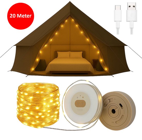 Best Active Camping Lichtsnoer - 20 Meter - IPX4 Waterdicht - Oprolbaar - Oplaadbaar - Warm Wit Licht | Verlichting Buiten Slinger - Lampjes - Kampeerlamp - Tentlamp - Campinglamp - Tuinlamp - Tuinverlichting