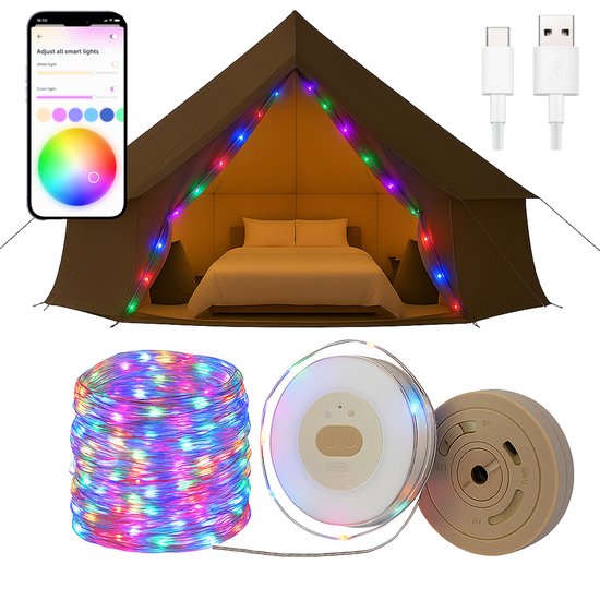 Best Active Camping Lichtsnoer Met Appbediening - 7 Meter - IPX4 Waterdicht - Oprolbaar - Oplaadbaar - RGB Multi-Kleur | Verlichting Buiten Slinger - Lampjes - Kampeerlamp - Tentlamp - Campinglamp - Tuinlamp - Tuinverlichting