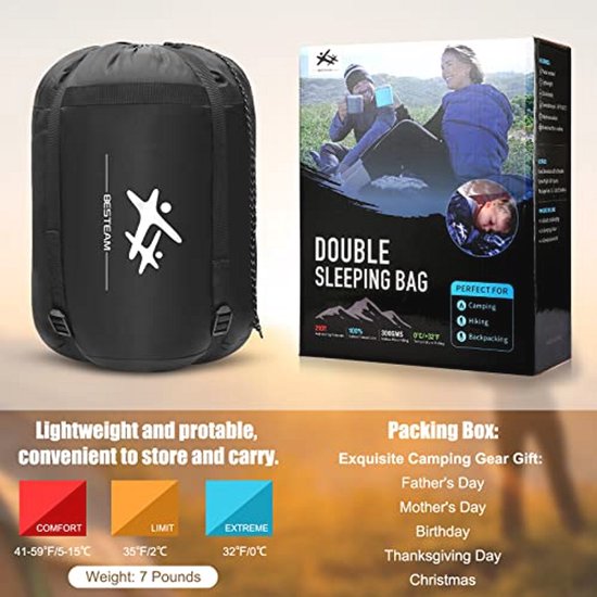 BESTEAM Dubbele slaapzak backpacken, wandelen, familie kamperen, reizen. Queen Size XL Truck, Tent, slaapkussen. 2 persoons waterdichte slaapzak volwassenen tieners. 3 seizoenen!