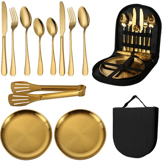 Bestek & Borden set in opbergcase - Voor Picnic, Camping & Outdoor - 2-persoons - RVS goud