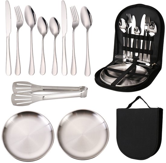 Bestek & Borden set in opbergcase - Voor Picnic, Camping & Outdoor - 2-persoons - zilver
