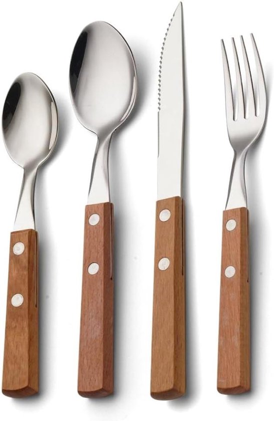 Bestek Set - Steakbestek Westerse Bestek - Dineren Buiten Huis - Houten Handvat - 4 Delen - Kaki