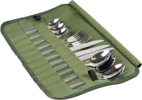 Bestekrol tas - Opbergtas servies - Outdoor koken - Meerdere vakken - 24 x 13 cm - Legergroen