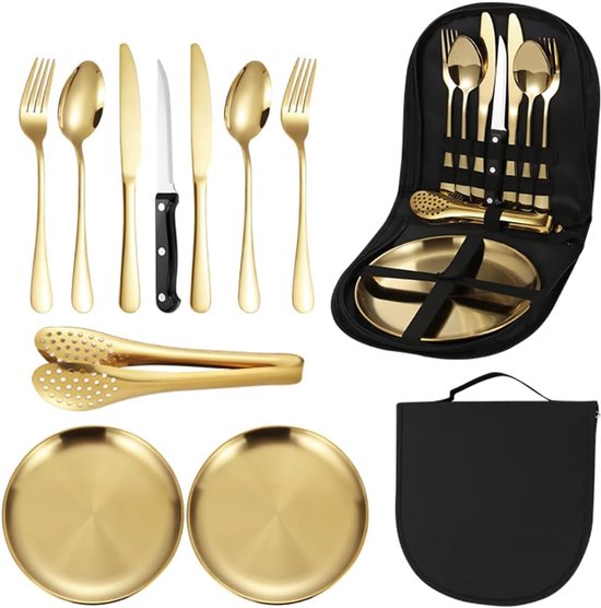 Bestekset (10-delig) - Campingset Voor 2 Personen - Camping Servies - Roestvrijstalen Bestek - Handig - Steakmessen - Picknick - 10 Delen RVS Bestek - Inclusief Draagtas - Voor kamperen en picknicken - goud